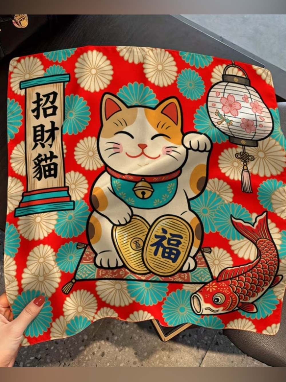 NEW Lucky Cat Maneki Neko Decor Scarf 17.5”x17.5” inch